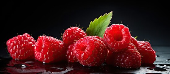 Fototapete - A close up of water drenched red raspberries on a dark background a healthy food option