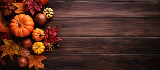 Aufkleber - Autumn themed decoration with leaves pumpkins and a wooden background Top view with space for text