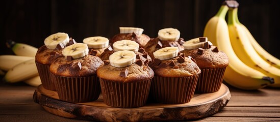 Poster - Delicious banana muffins on wooden table Sweet mini cakes Party food background