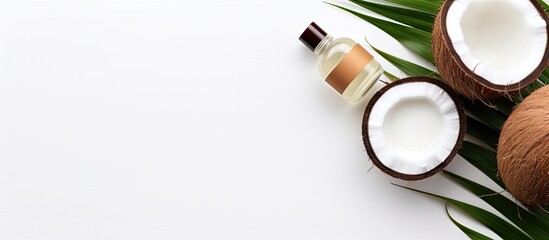 Aufkleber - Coconut oil beauty products for skin and hair Oil cream coconut halves on shelf White background top view Copy space