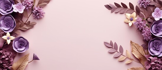 Floral foliage border on mauve background with assorted leaves and flowers Top view design