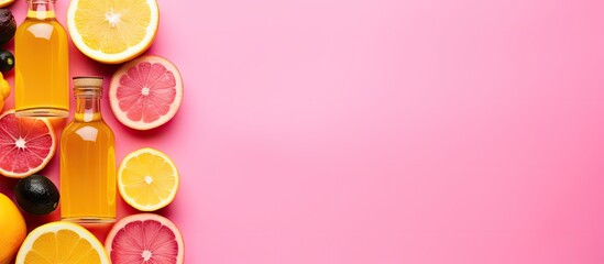 Poster - Text space available for flat lay composition featuring citrus essential oil bottles on a pink background