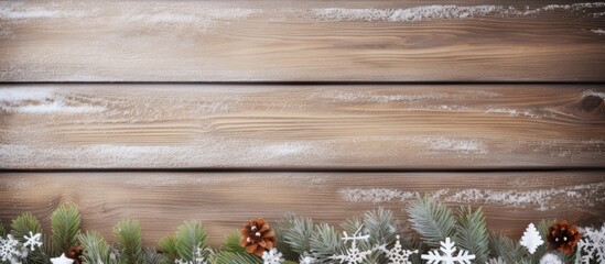 Poster - Top view of a snowy branch on a Christmas themed wooden background with space for text