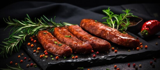 Smoky sausages with herbs and spices on a dark background ideal for appetizing dishes Copy space available