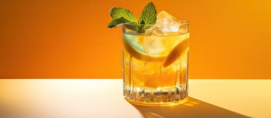 Aufkleber - Orange cocktail with ice cubes and mint leaves glass in low angle view and space for copy