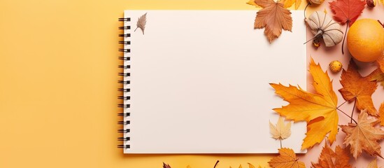 Aufkleber - Top view of a craft sketchbook with fallen leaves on a colored background