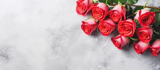 Wall Mural - Fresh roses on light stone background Romantic gift idea for Valentine s Mother s Day or any special occasion Perfect for weddings anniversaries birthdays Flat lay with copy space