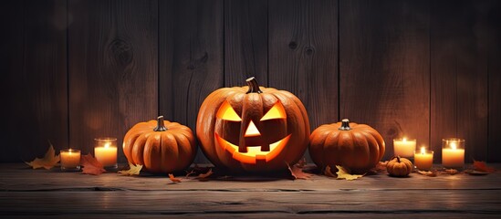 Poster - Halloween pumpkin on wooden background banner for text