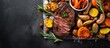 © vxnaghiyev - Lunch featuring beef steak and roasted vegetables with rosemary on a grey background