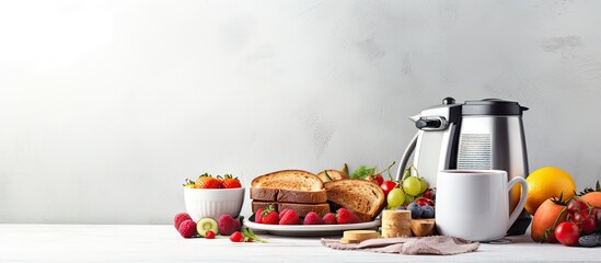 Empty table with room for text featuring nutritious morning meal and contemporary toaster