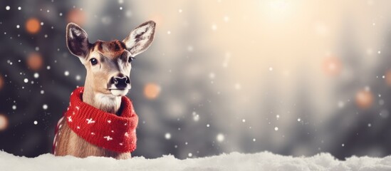 Poster - Wooden deer with a knitted red scarf on snow against blurry lights background Copy space for text