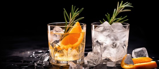 Fototapete - Gin and tonic cocktail with ice rosemary orange on stone table Space to write