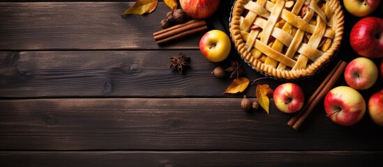 Poster - Autumn apple pie corner border on dark wood background