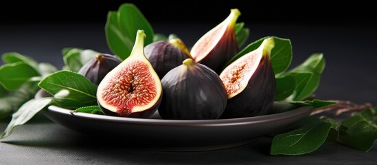 Leinwandbilder - Fresh figs on a dark plate with space for text