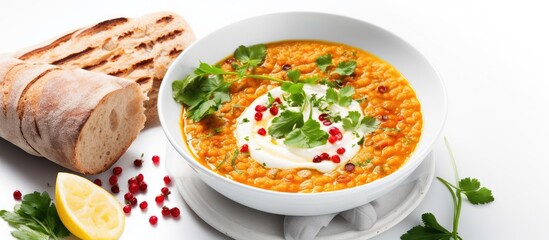 Aufkleber - Middle Eastern vegetable soup with red lentils on white background vegan comfort food