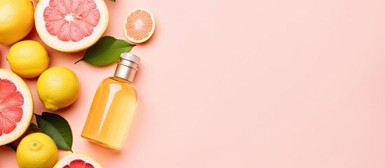Poster - Text space available for flat lay composition featuring citrus essential oil bottles on a pink background