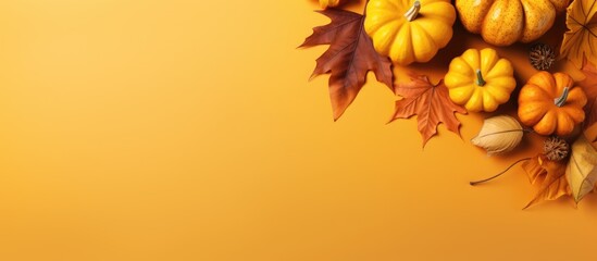 Poster - Autumn arrangement of pumpkins and fall leaves on a colored surface Overhead view with room for text