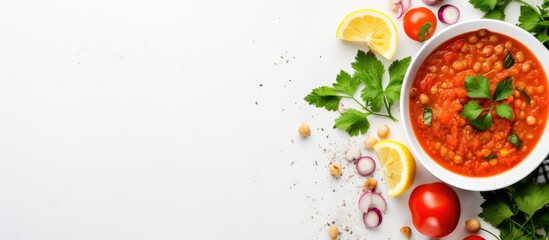 Aufkleber - Middle Eastern vegetable soup with red lentils on white background vegan comfort food