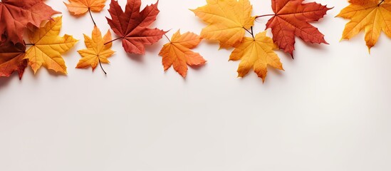 Wall Mural - Autumn background with dried maple leaves on white background representing fall and Thanksgiving Flat lay with top view and copy space