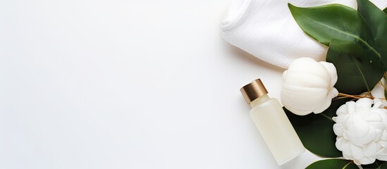 Aufkleber - Copy space organic cosmetics with cotton flower and green leaves on white background