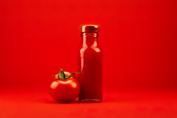 Canvas Print - Glass bottle with tomato ketchup and some tomatoes isolated on red background 