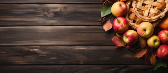 Leinwandbilder - Autumn apple pie corner border on dark wood background