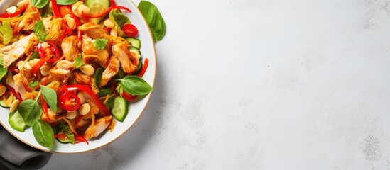 Fototapete - Top view of Thai chicken salad in a bowl close up with a light stone background empty space for text