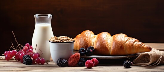 Aufkleber - Meal of bread soy milk croissants oatmeal and mulberries on a wooden table