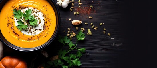 Aufkleber - Autumn cream soup with pumpkins and carrots on a dark background with seeds and parsley Healthy eating concept Horizontal orientation Close up