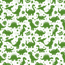 Seamless Pattern With Dinosaurs And Leaves, Simple Green Silhouettes Icons On A White Background