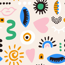 Seamless Abstract Pattern With Hand Drawn Shapes, Lips, Eye, Sun, Heart. Vector Summer Modern Texture. Vector Illustration