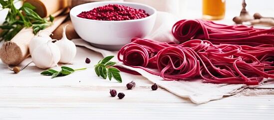 Wall Mural - Cooked pasta with beetroot juice cannelloni mushrooms and spices on wooden table Background for cooking Space for text