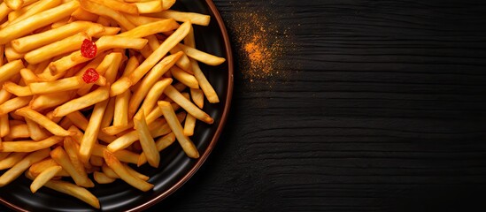 Poster - French fries seen from above on a black plate over a dark wooden background ideal for a banner with available space for text