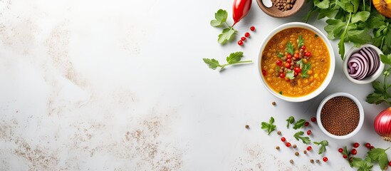 Aufkleber - Middle Eastern vegetable soup with red lentils on white background vegan comfort food