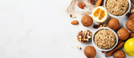 Poster - Vegan vegetarian raw snacks with walnuts peanut honey and banana Healthy sweet food Top view