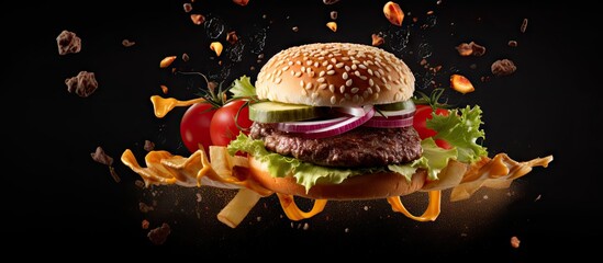 Poster - Burger with flying ingredients on black background