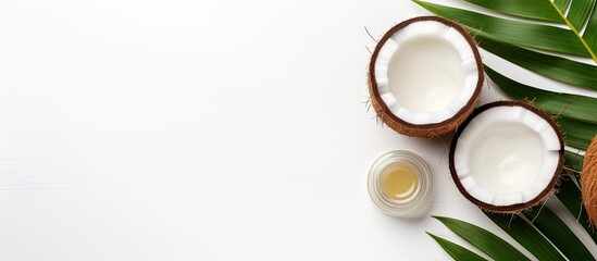 Aufkleber - Coconut oil beauty products for skin and hair Oil cream coconut halves on shelf White background top view Copy space