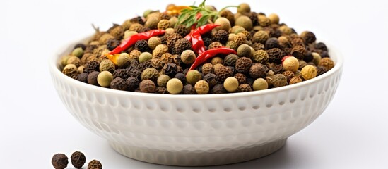 Poster - Mixed peppercorns in a bowl isolated on white background for food or kitchen use with space for text or images