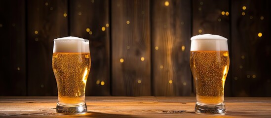 Aufkleber - Closeup of glasses filled with light foamy beer on a wooden table
