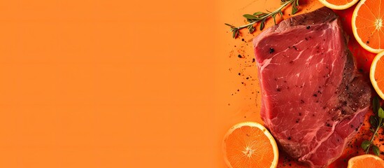 Poster - Raw Beef Brisket on orange background seen from above with empty space