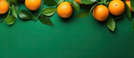 Wall Mural - Oranges and leaves on colored background