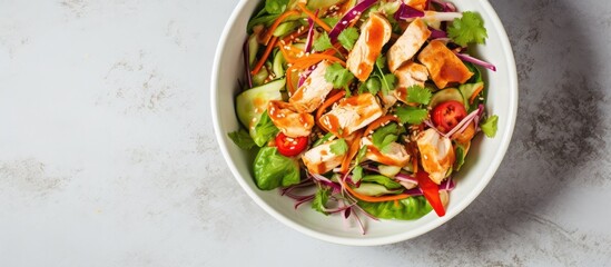 Fototapete - Top view of Thai chicken salad in a bowl close up with a light stone background empty space for text