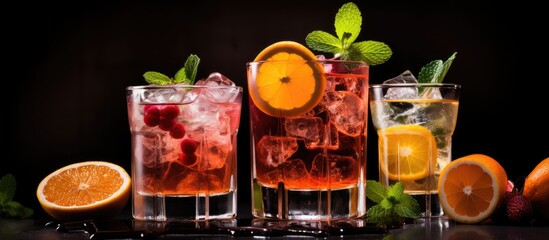 Poster - Fruit mint and ice adorn black table with tasty rum and vodka beverages