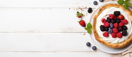 Leinwandbilder - Galette from French cuisine with honeyberry filling served on white table with cream and berries