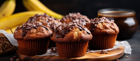 Poster - Delicious banana muffins on wooden table Sweet mini cakes Party food background