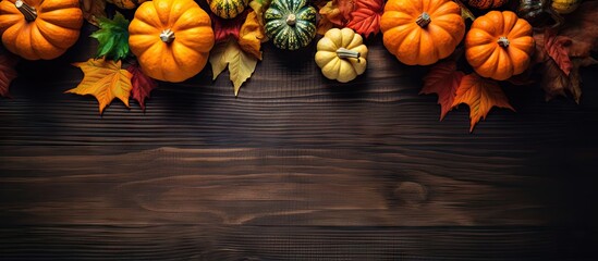 Aufkleber - Autumn themed decoration with leaves pumpkins and a wooden background Top view with space for text