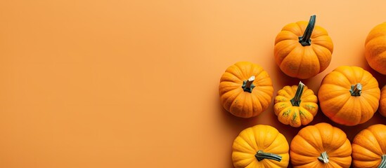 Aufkleber - Top view of little orange pumpkins on a colored table background Fall Halloween and Thanksgiving theme Autumn flat lay photo with copy space
