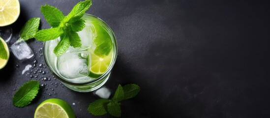 Fototapete - Chilled summer beverage with lime and mint in a glass on a neutral backdrop