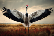 Image Of A Red Crowned Crane Spread Wings In The Wetland Forest, Bird, Wildlife Animals., Generative AI, Illustration.