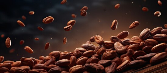 Poster - Cocoa beans float in the air frozen in motion